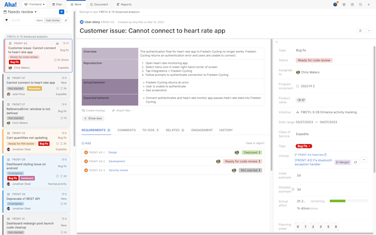 Detailed view of user story in Aha! Develop showing GitHub and Figma extensions.