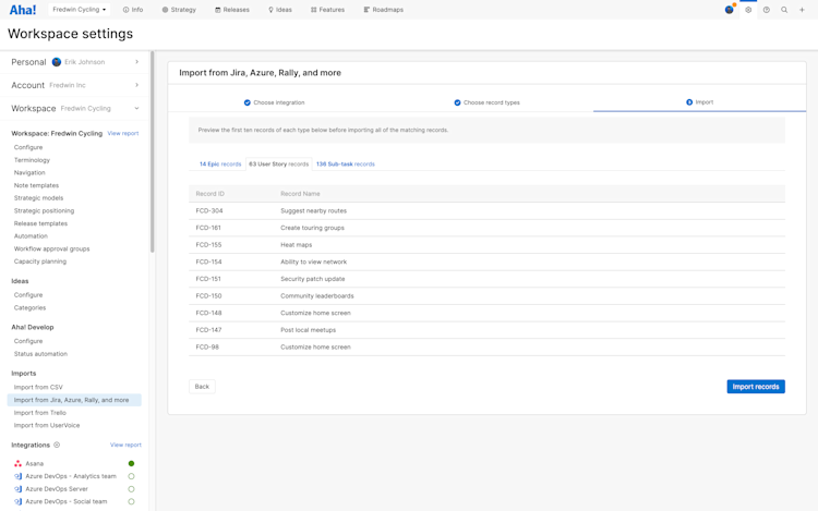 Workspace-level development tool importer on the Review step.