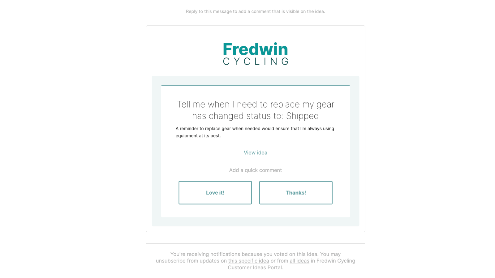a portal notification email from Fredwin Cycling with quick comment buttons