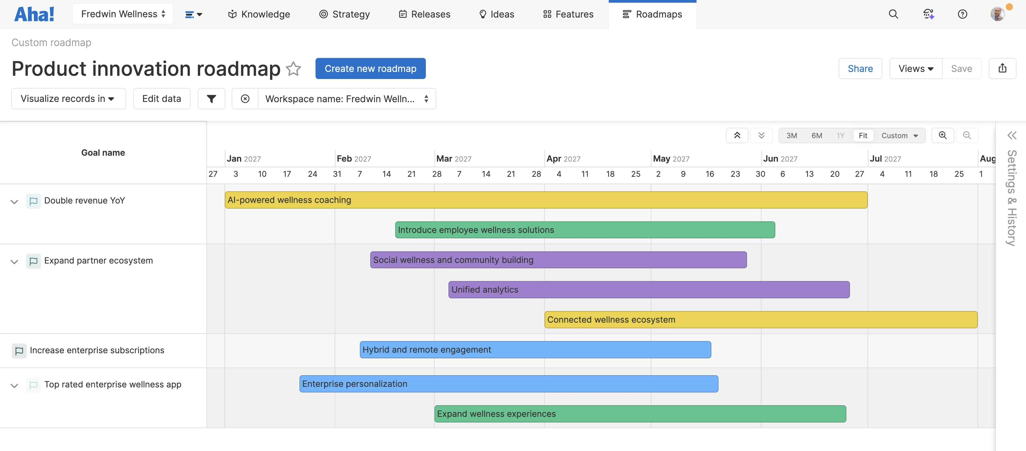An example of a custom roadmap in Aha! software that showcases a team's product innovation plans