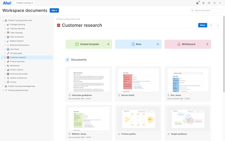 an Aha! Knowledge workspace with documents