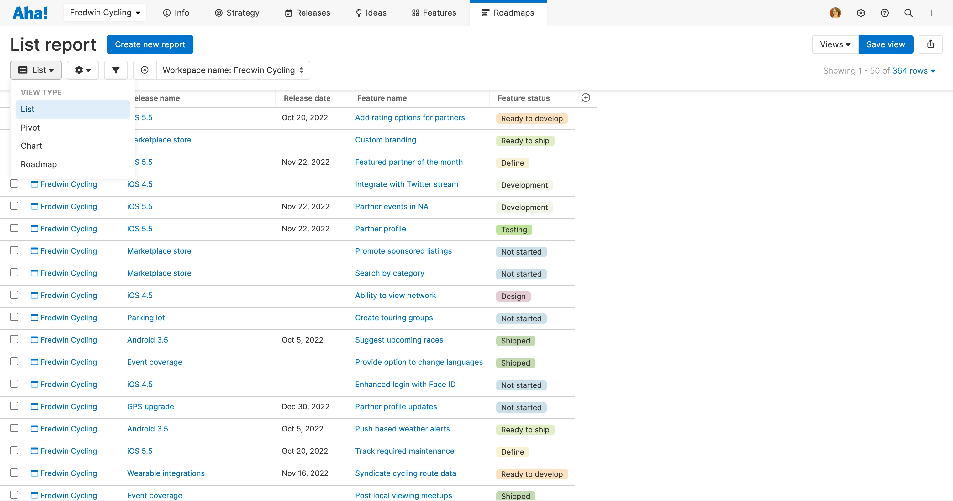 List reports in Aha! Roadmaps and Aha! Ideas
