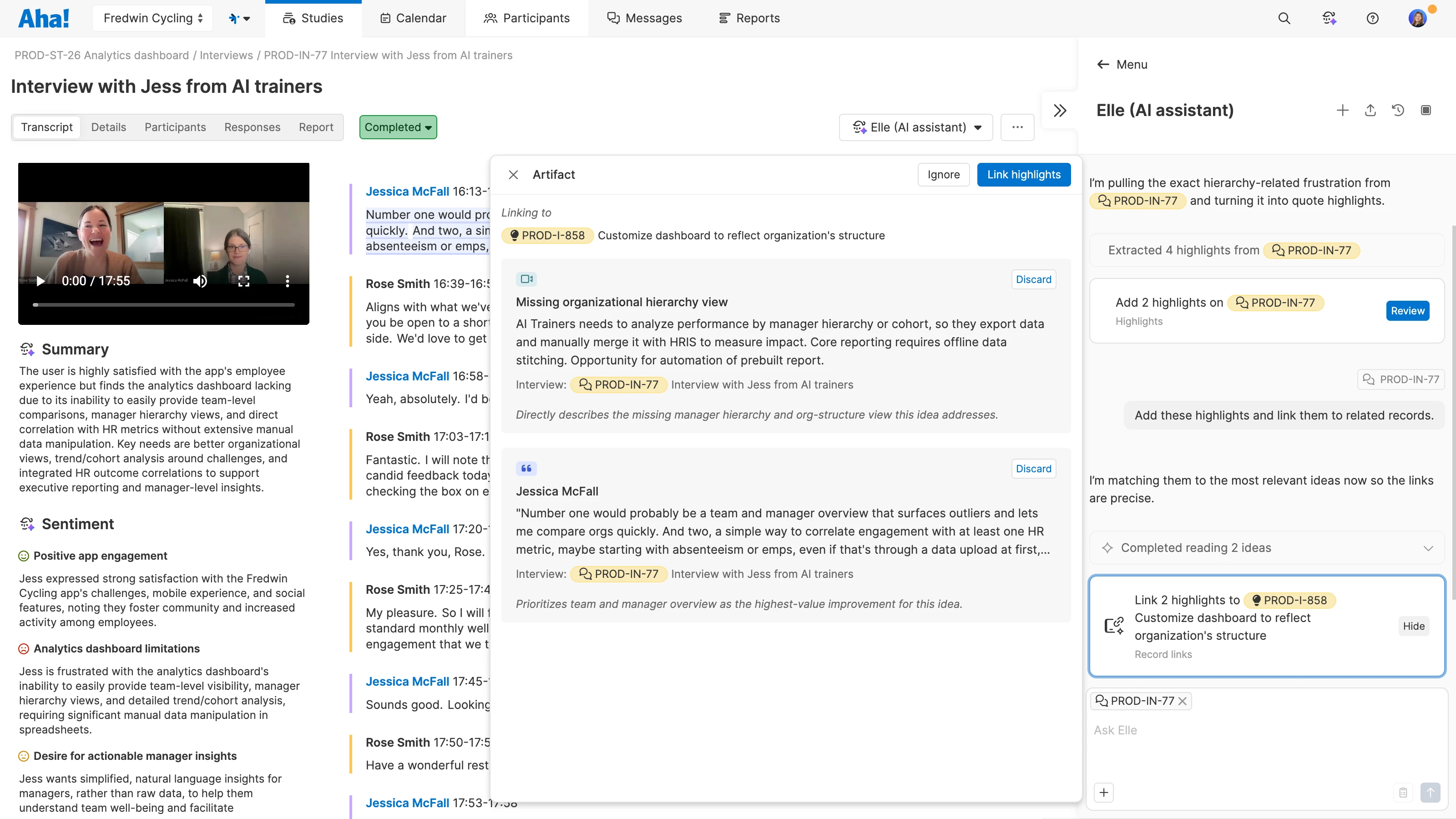 Use AI assistant Elle to identify and link highlights to related ideas in Aha! Discovery.