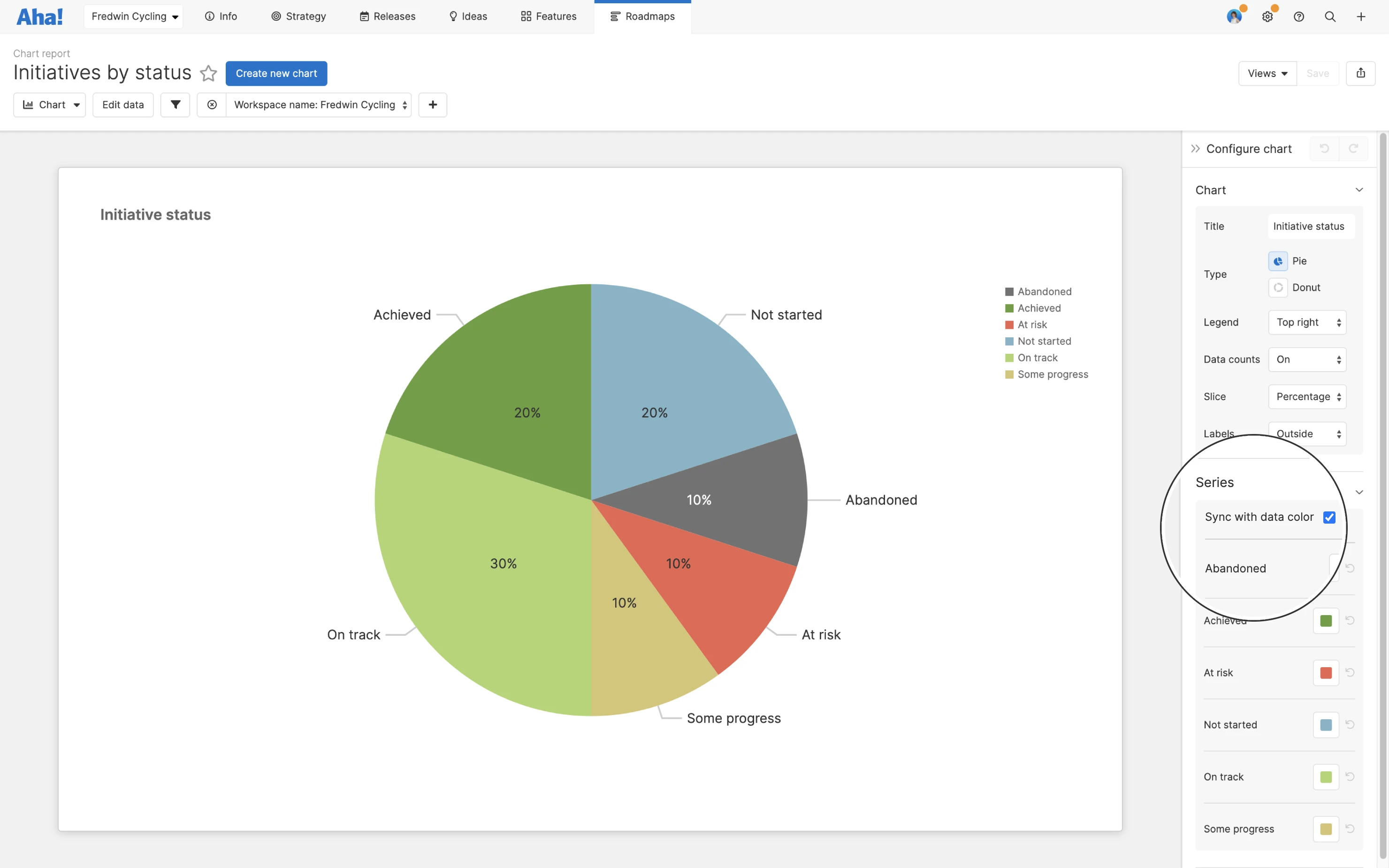 Open the configuration panel to easily update chart elements such as the title, type (pie or donut), legend, and data counts.