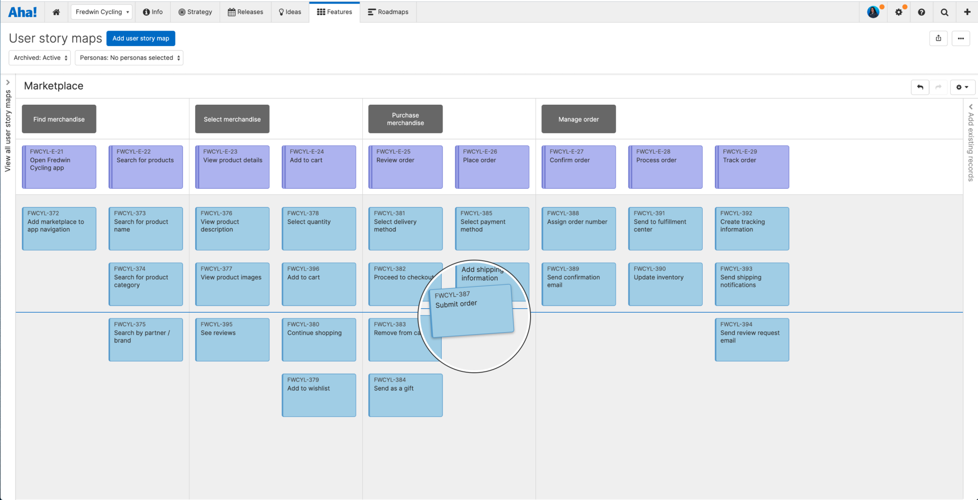 Moving features on a user story map in Aha!