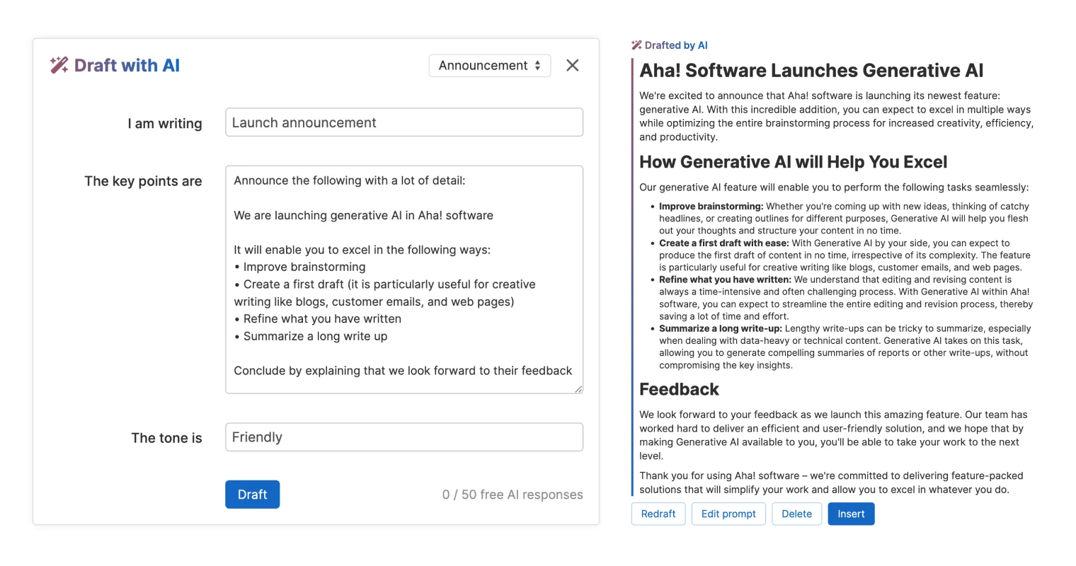 AI writing assistant in Aha! software