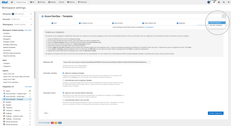 Azure DevOps integration configuration with a highlight over the option to make the configuration an integration template.