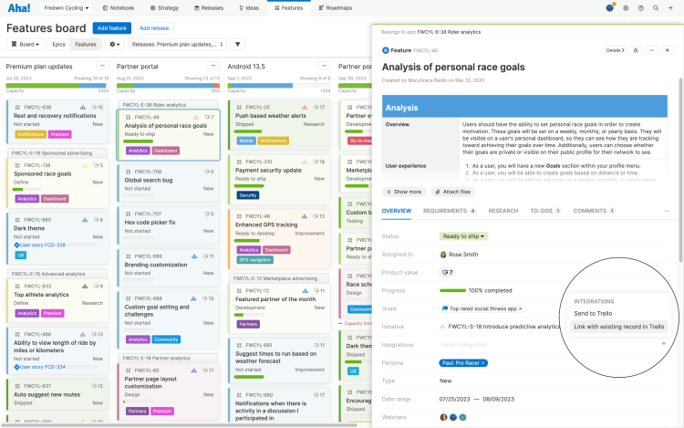 Features board with feature drawer and Trello integration