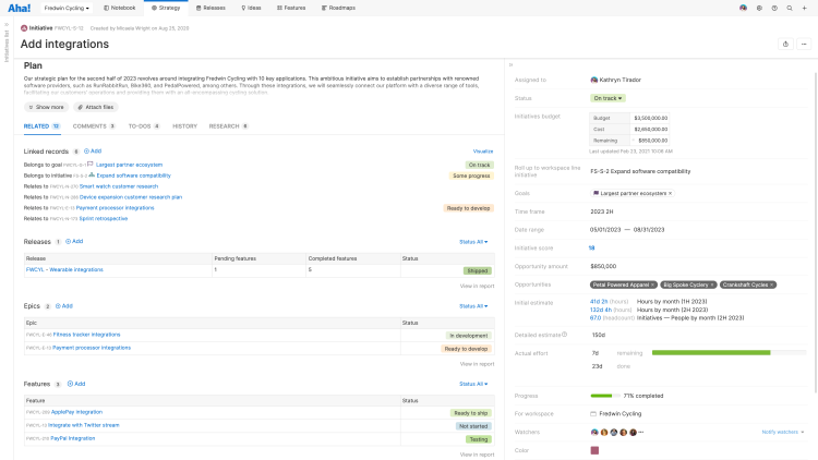 The initiative details page in Aha! Roadmaps