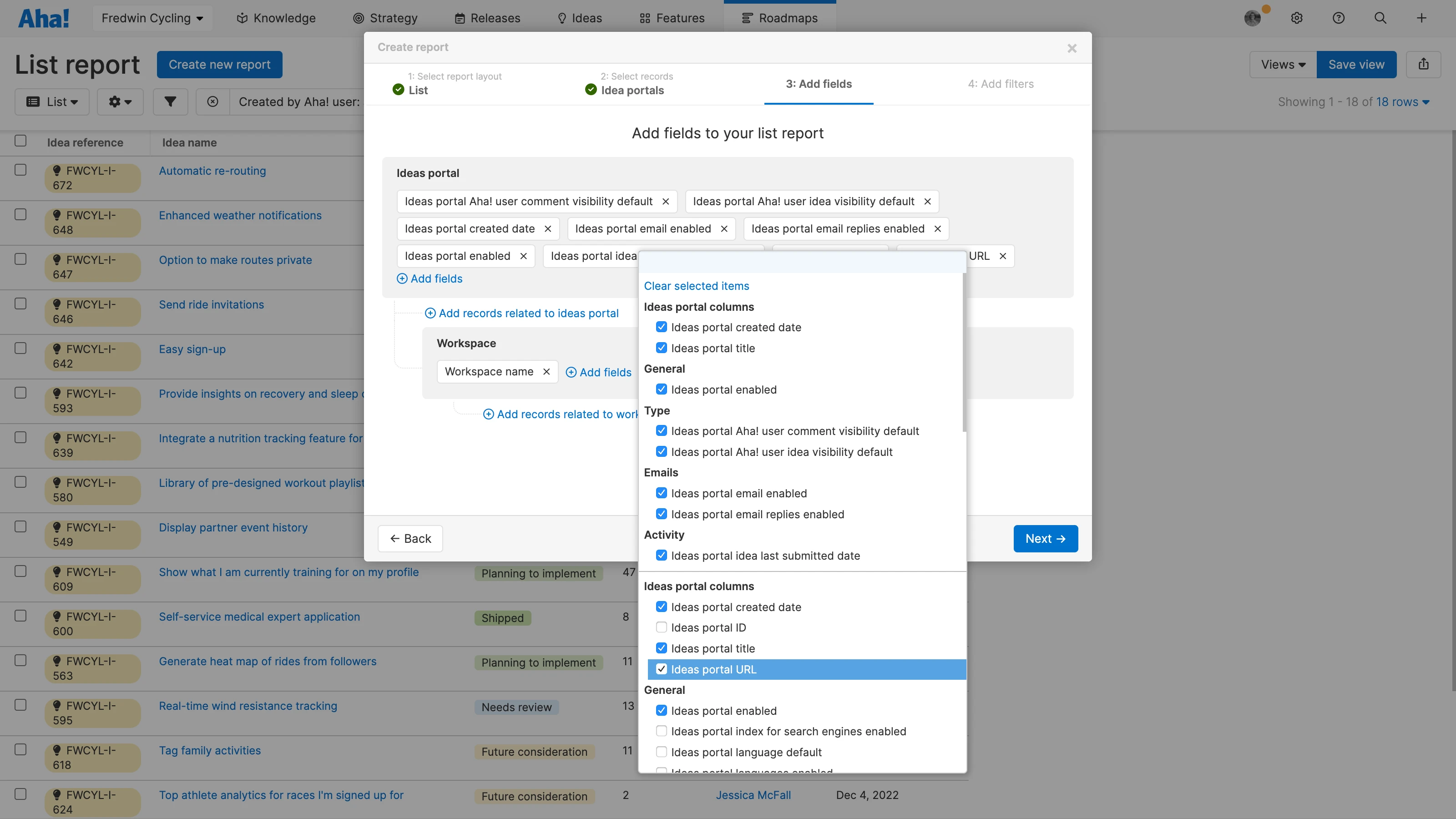 A list report with the report builder open, with many ideas portal settings selected for the report