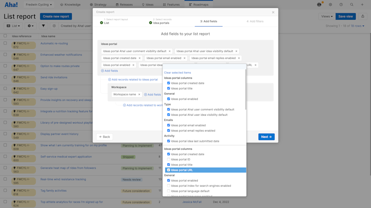 A list report with the report builder open, with many ideas portal settings selected for the report