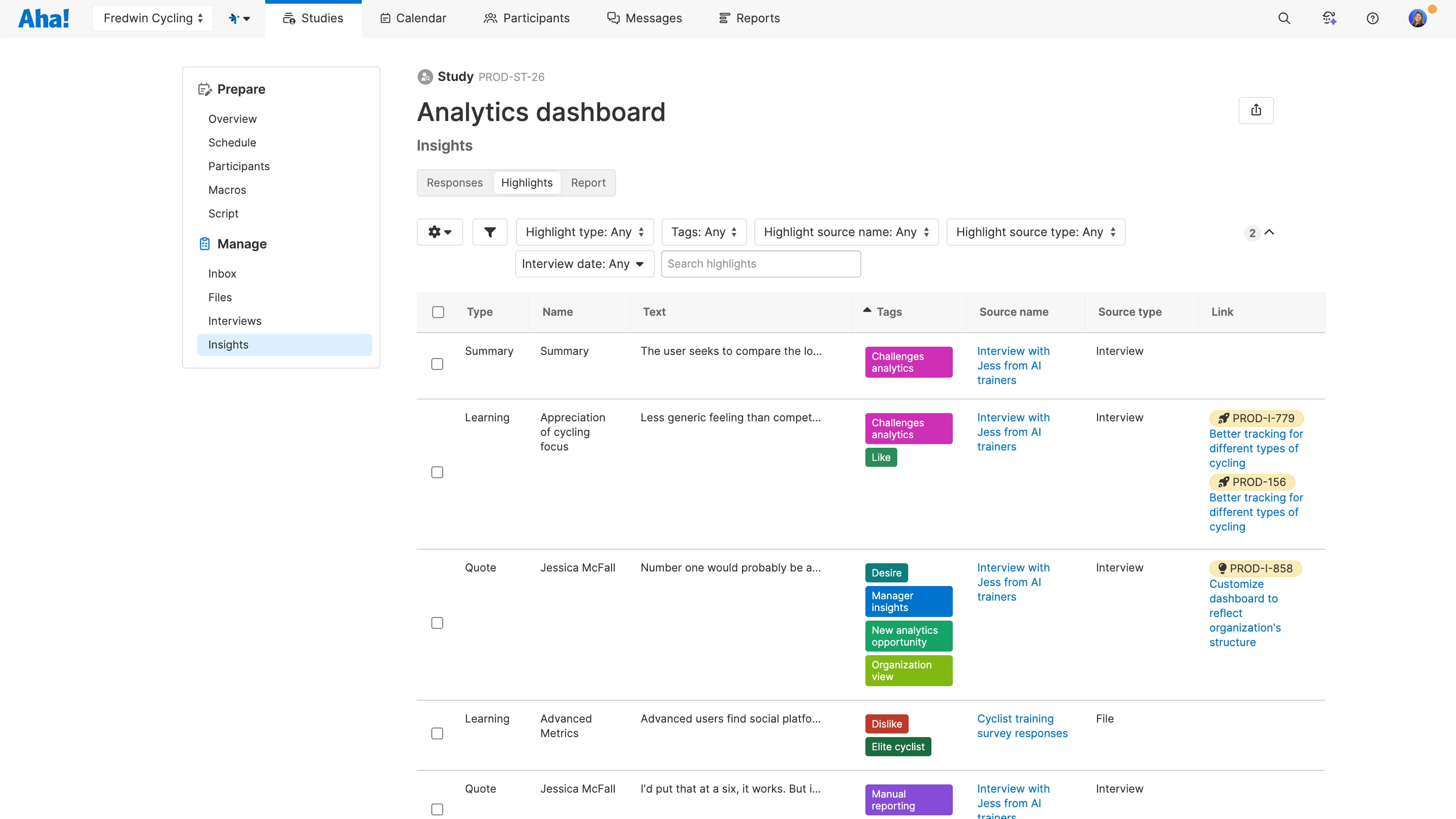  Create list reports to analyze highlights across multiple interviews in Aha! Discovery