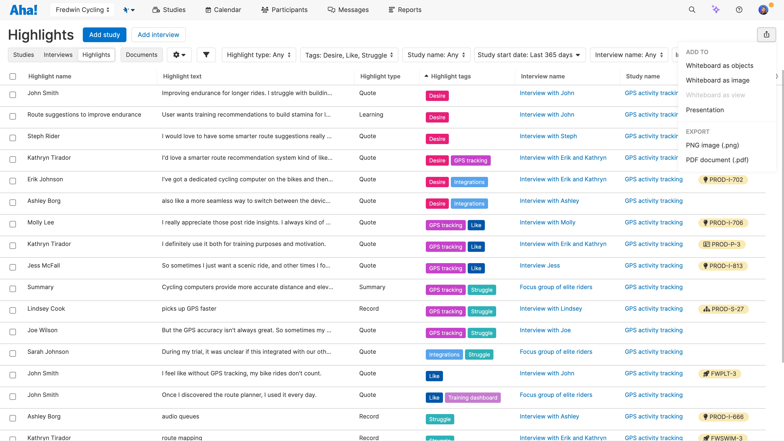 Create list reports to analyze highlights across multiple interviews in Aha! Discovery
