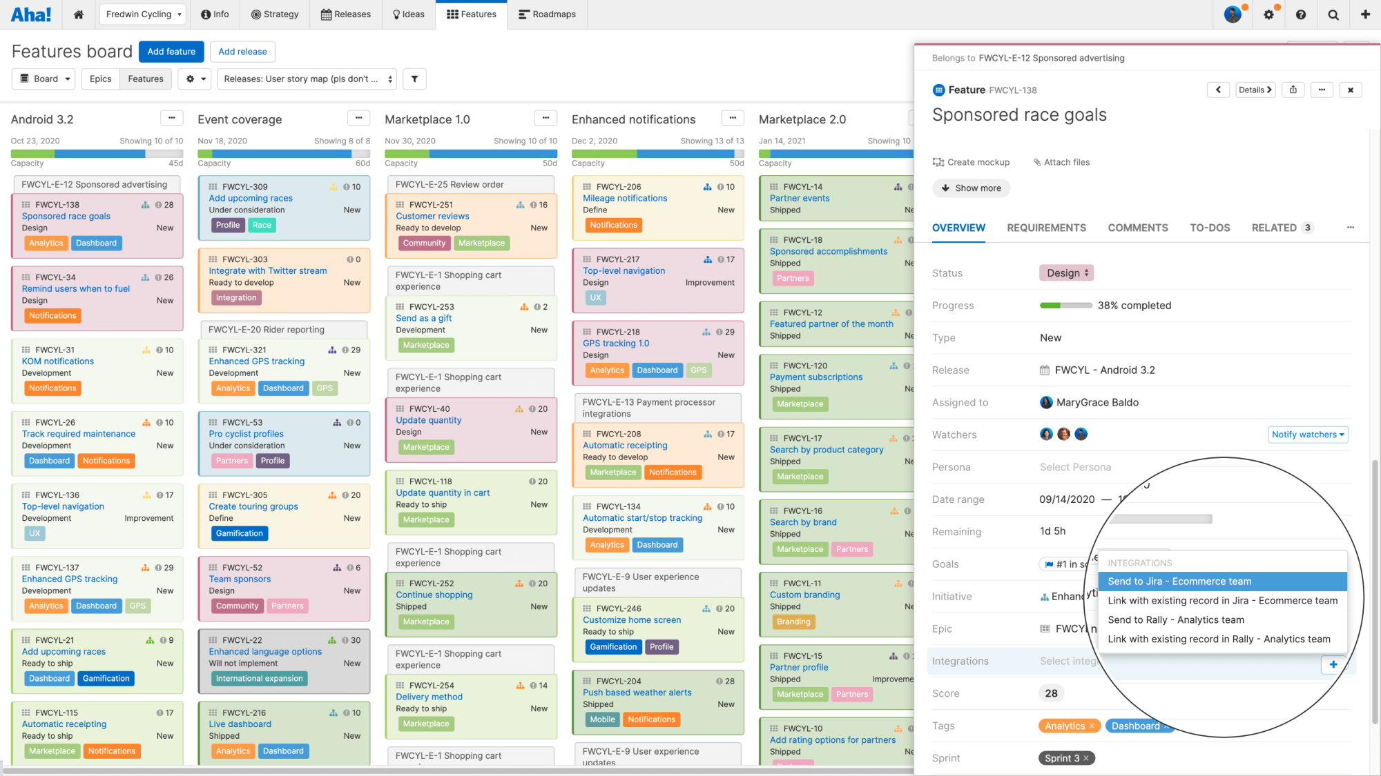 Features board with Jira integration dropdown
