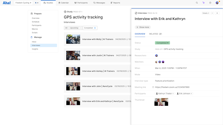 View all completed interviews on a study in Aha! Discovery