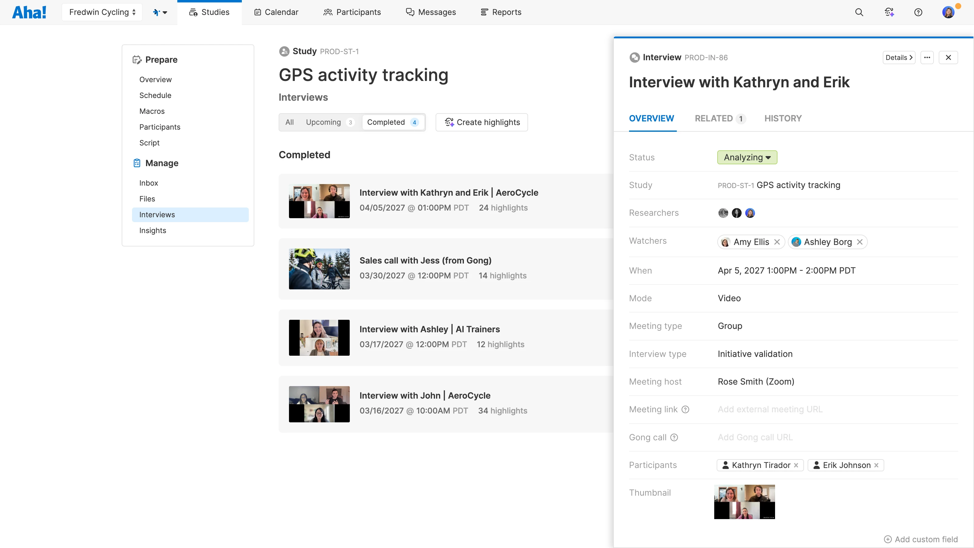 View all completed interviews on a study in Aha! Discovery