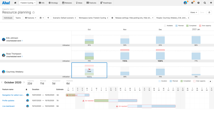 An Aha! administrator can enable capacity planning for teams in your account.