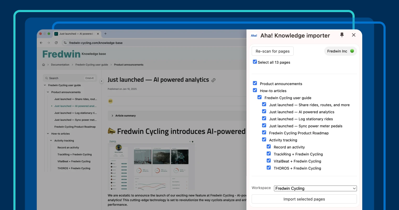 a website with the Chrome extension importer for Aha! open on the right with multiple documents selected