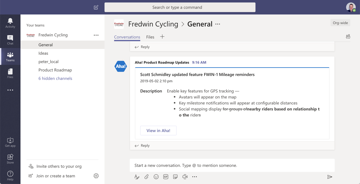 A general channel in Microsoft Teams with an Aha! integration