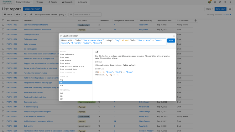 The equation builder modal for a calculation column in front of a list report. 