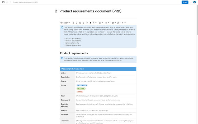 PRD note template in Aha! Knowledge