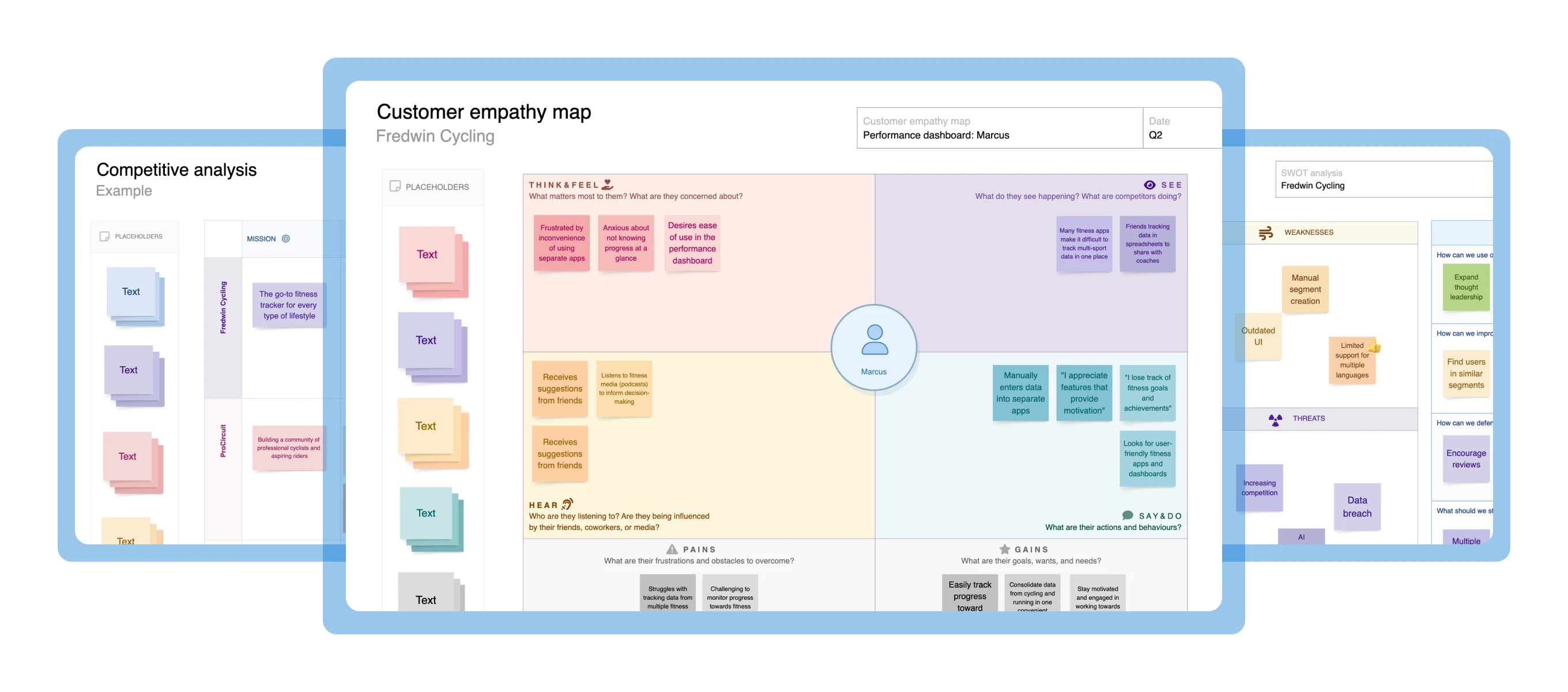 A collage of three market and customer research templates available via Aha! software