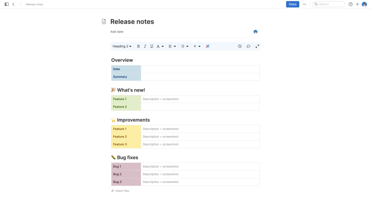 A release notes template in Aha! software
