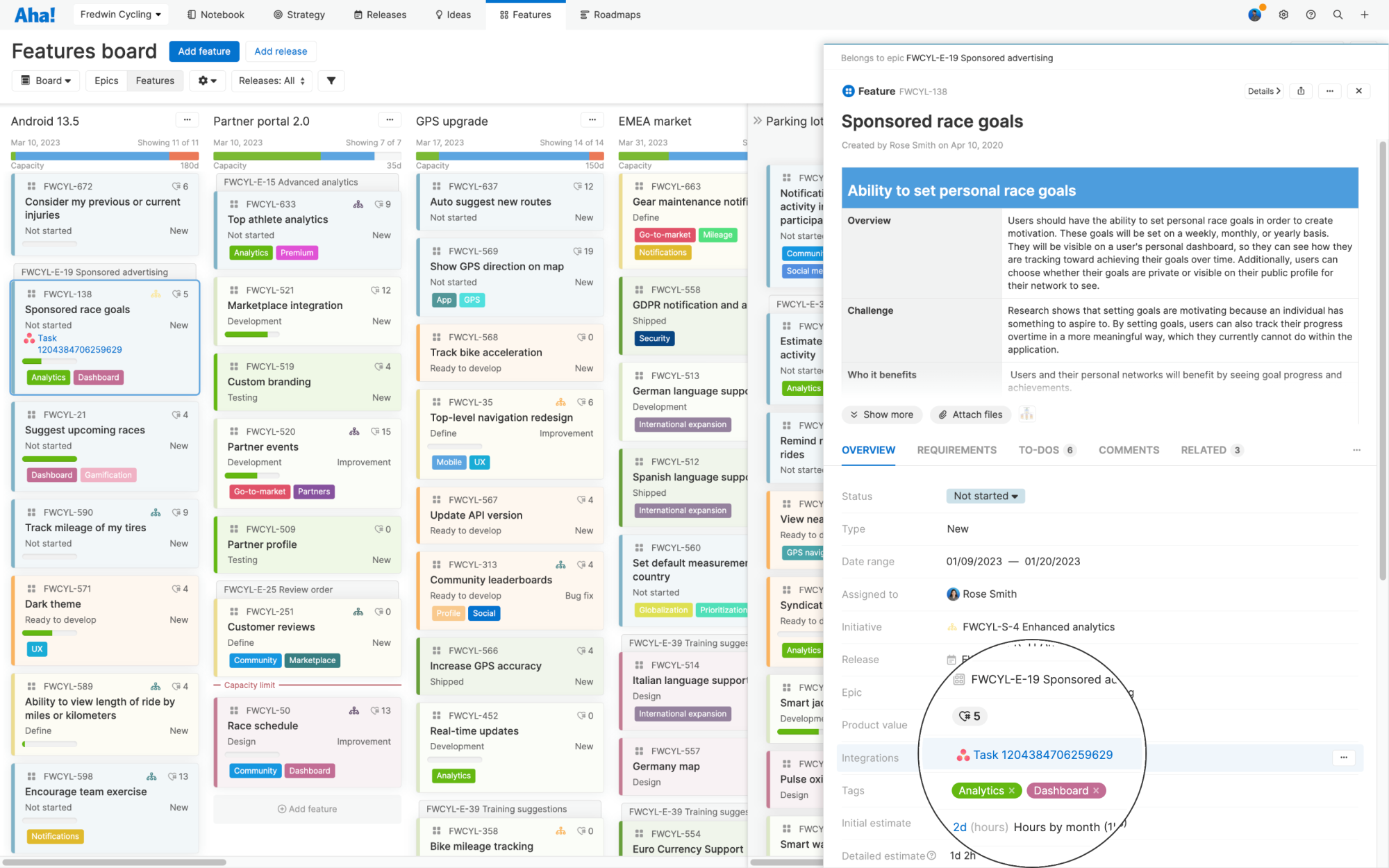 Features board with feature drawer open and spotlight on integrations field showing a feature linked with Asana.