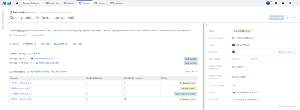 Aha! Roadmaps | Roll-up releases and roll-up schedules | Aha! software