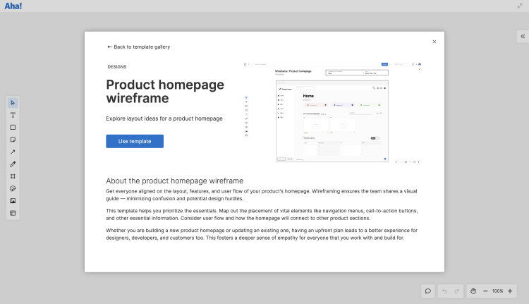 A description of the product homepage wireframe template on a whiteboard in Aha! software