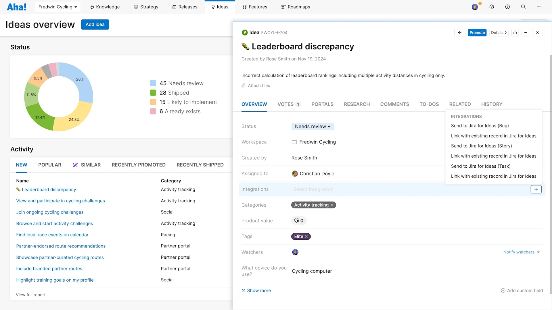 An internal view of an ideas portal created in Aha! software with an idea drawer open