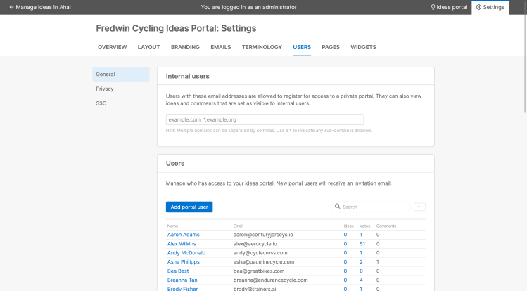 portal user settings in Aha! Ideas