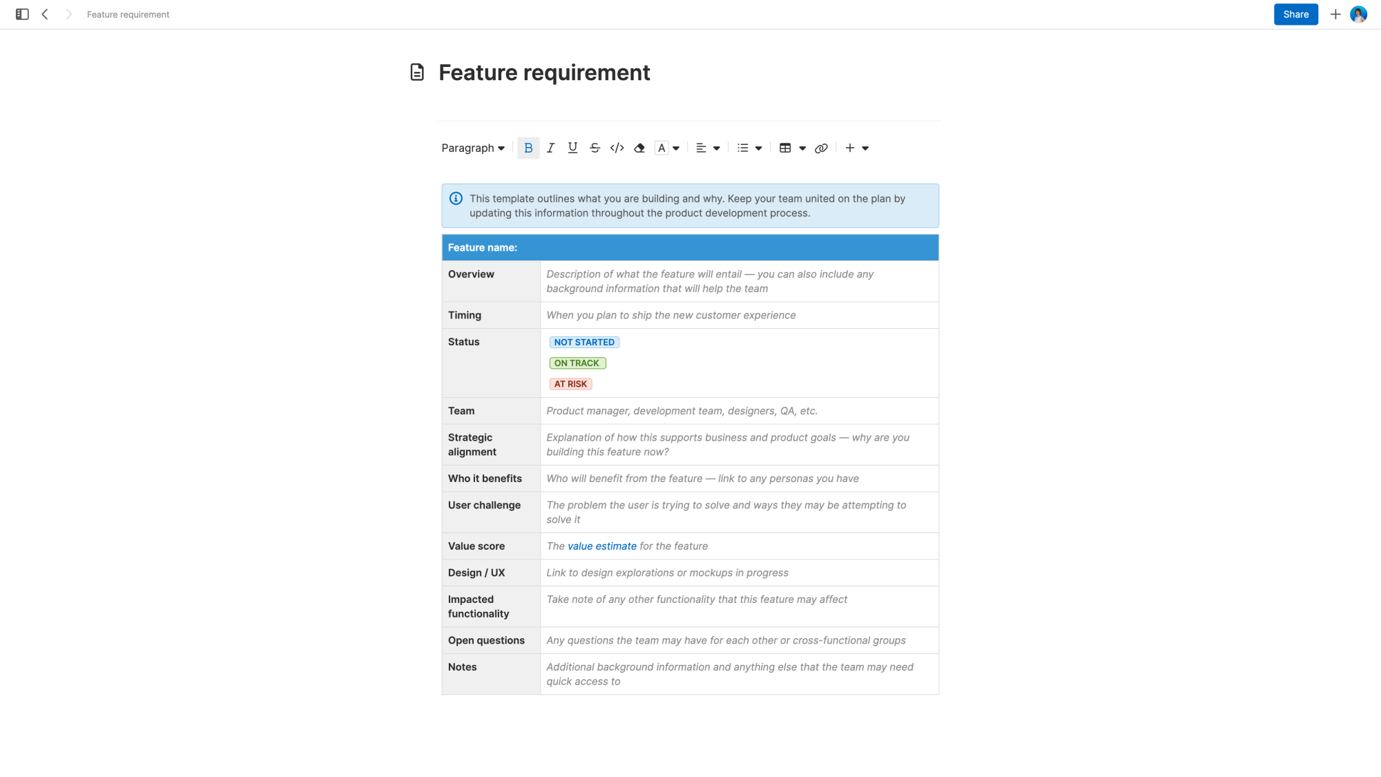 Screenshot of feature requirement template from Aha! Notebooks