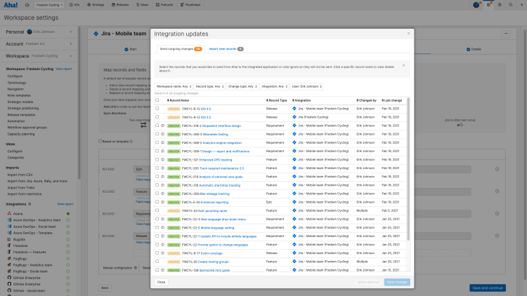 Integration updates modal showing outgoing changes from Aha! Roadmaps to Jira.