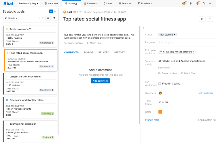 The goals page in Aha! Roadmaps