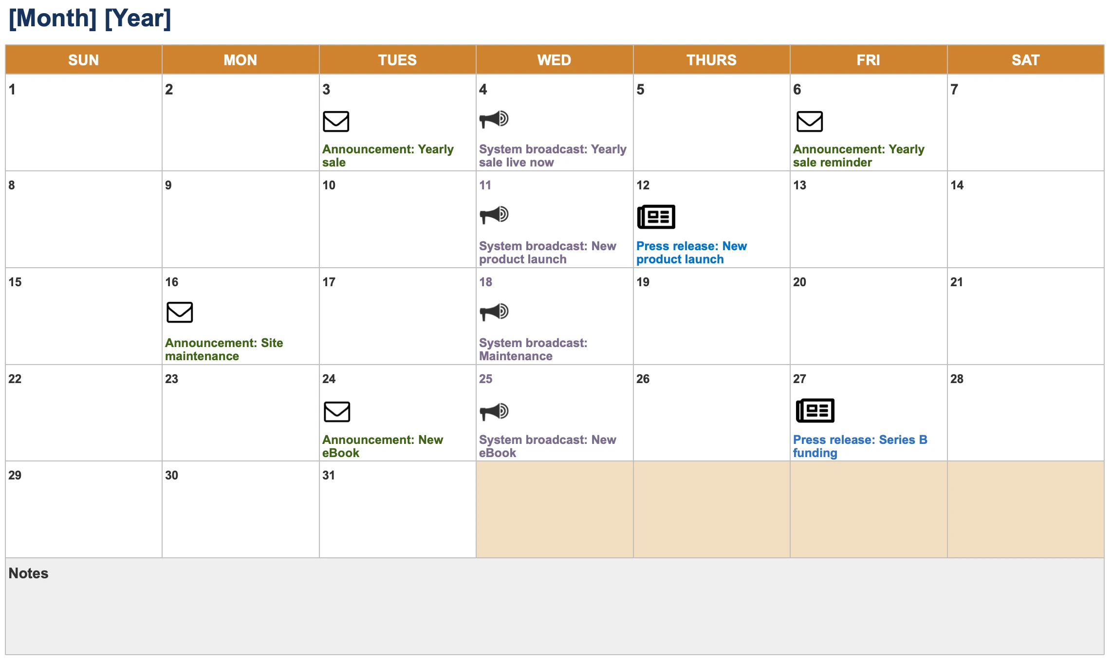 Communications marketing calendar template