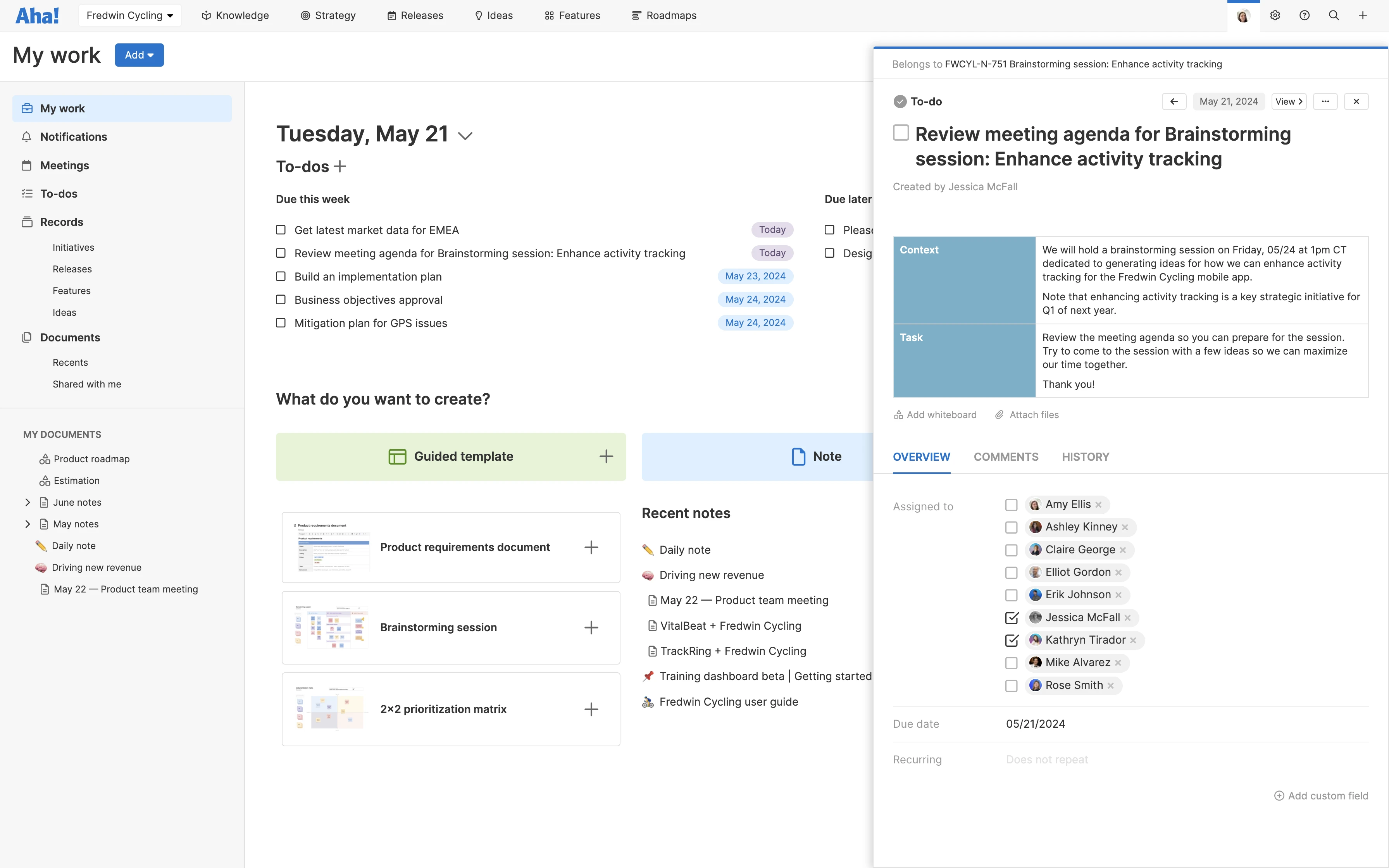 The My work view in Aha! software with an open to-do drawer with task details