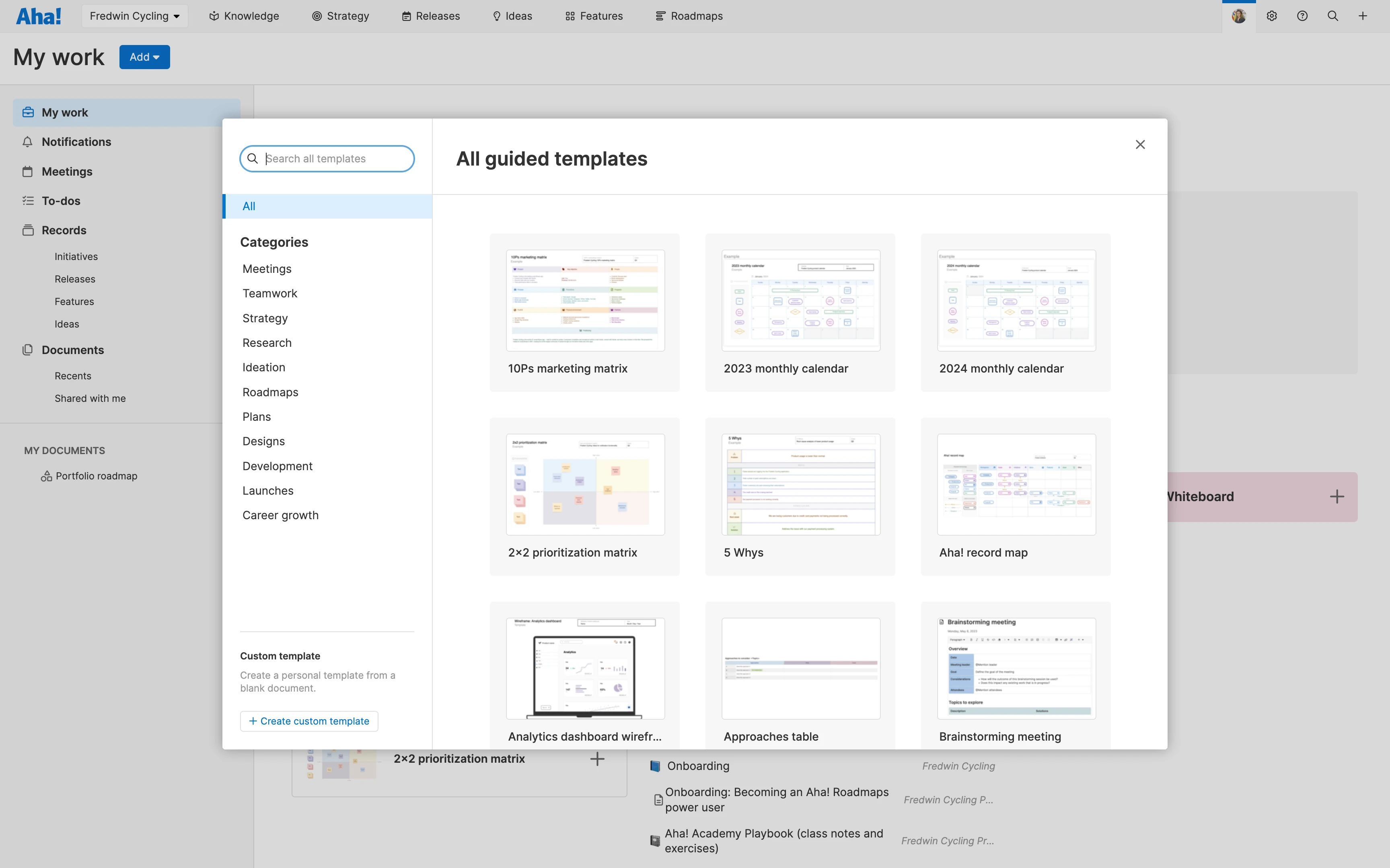 A selection of guided templates in Aha! software