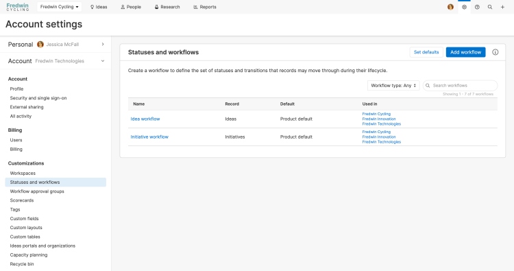 Custom workflow list in the account-level workflow settings.