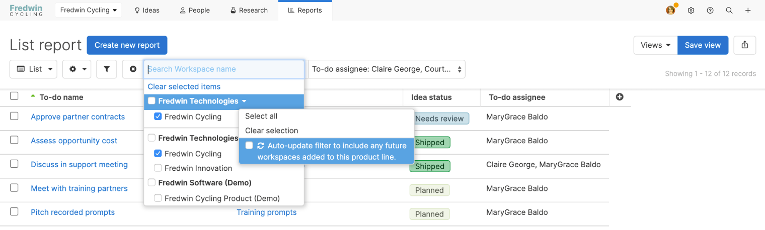 List report with workspace filter open and auto-update filter option selected.