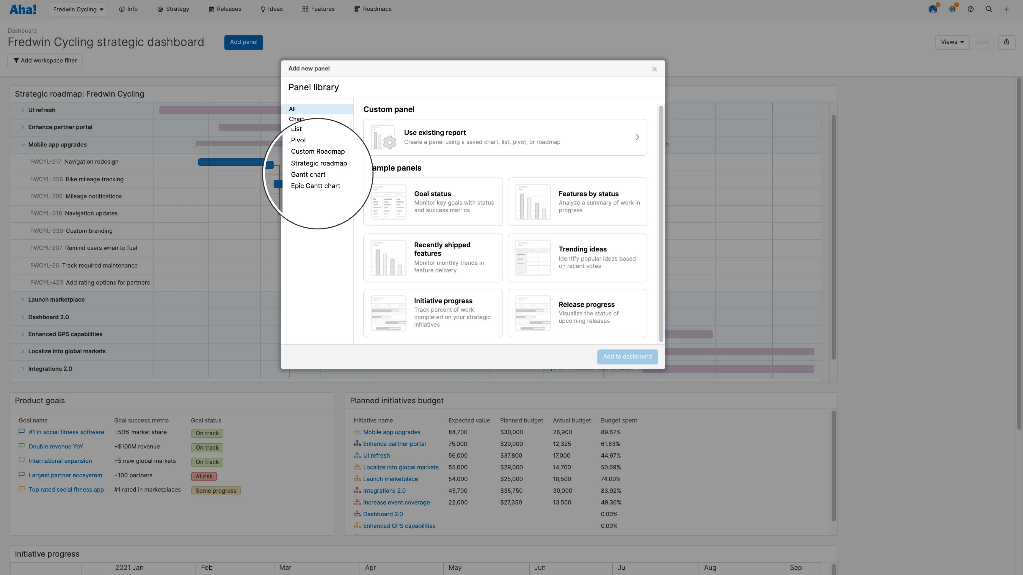 Add panels to dashboards in Aha! Roadmaps