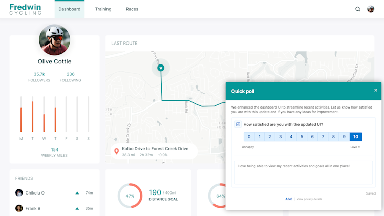 A user dashboard in the fictitious Fredwin Cycling app with a poll requesting feedback