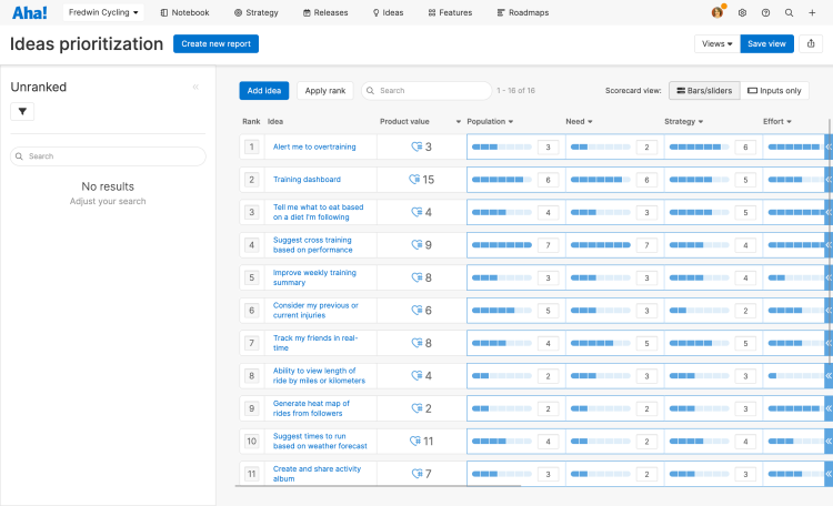 ideas prioritization page in Aha! Roadmaps