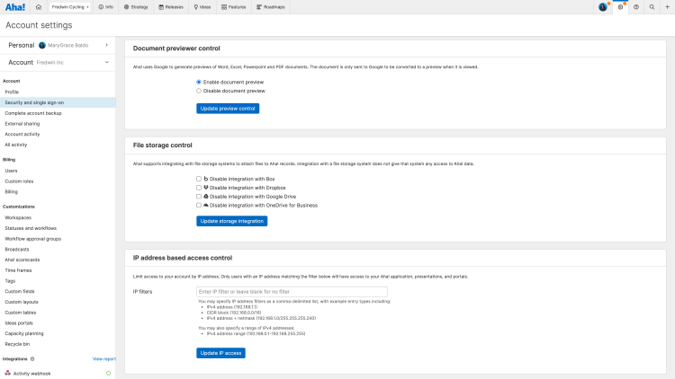 The file storage integration is enabled by default, unless an Aha! administrator disables it in your account settings.