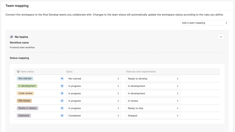 Find articles in the Aha! Roadmaps knowledge base, including how to map Aha! Develop statuses to Aha! Roadmaps statuses.