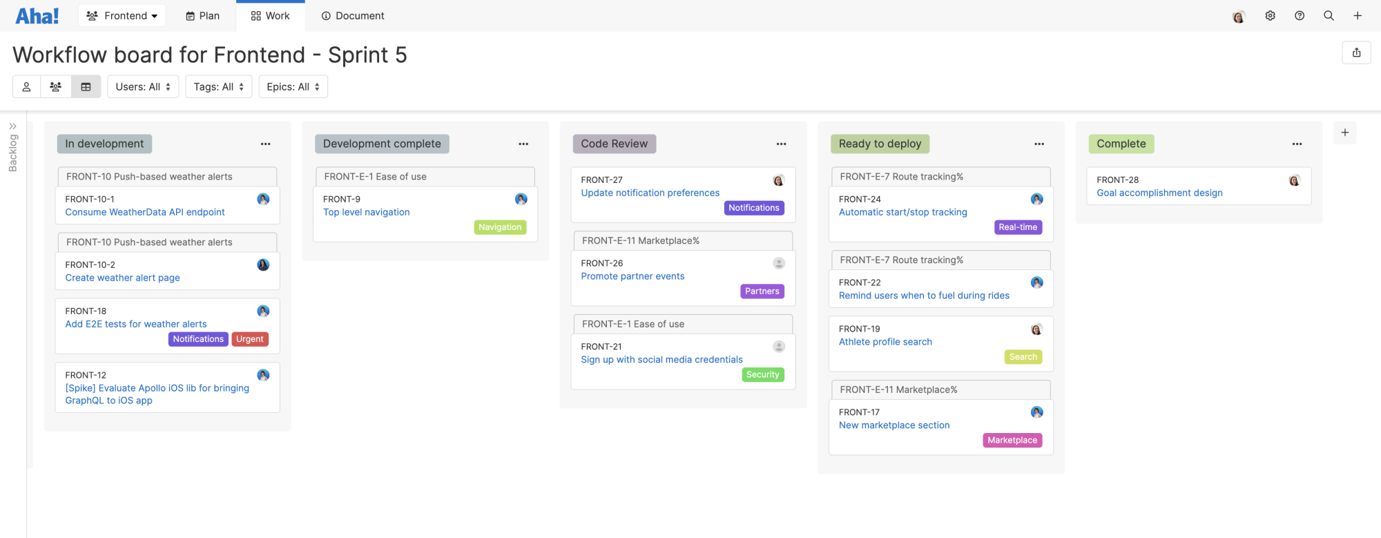 Example of a kanban-style board in Aha! Develop