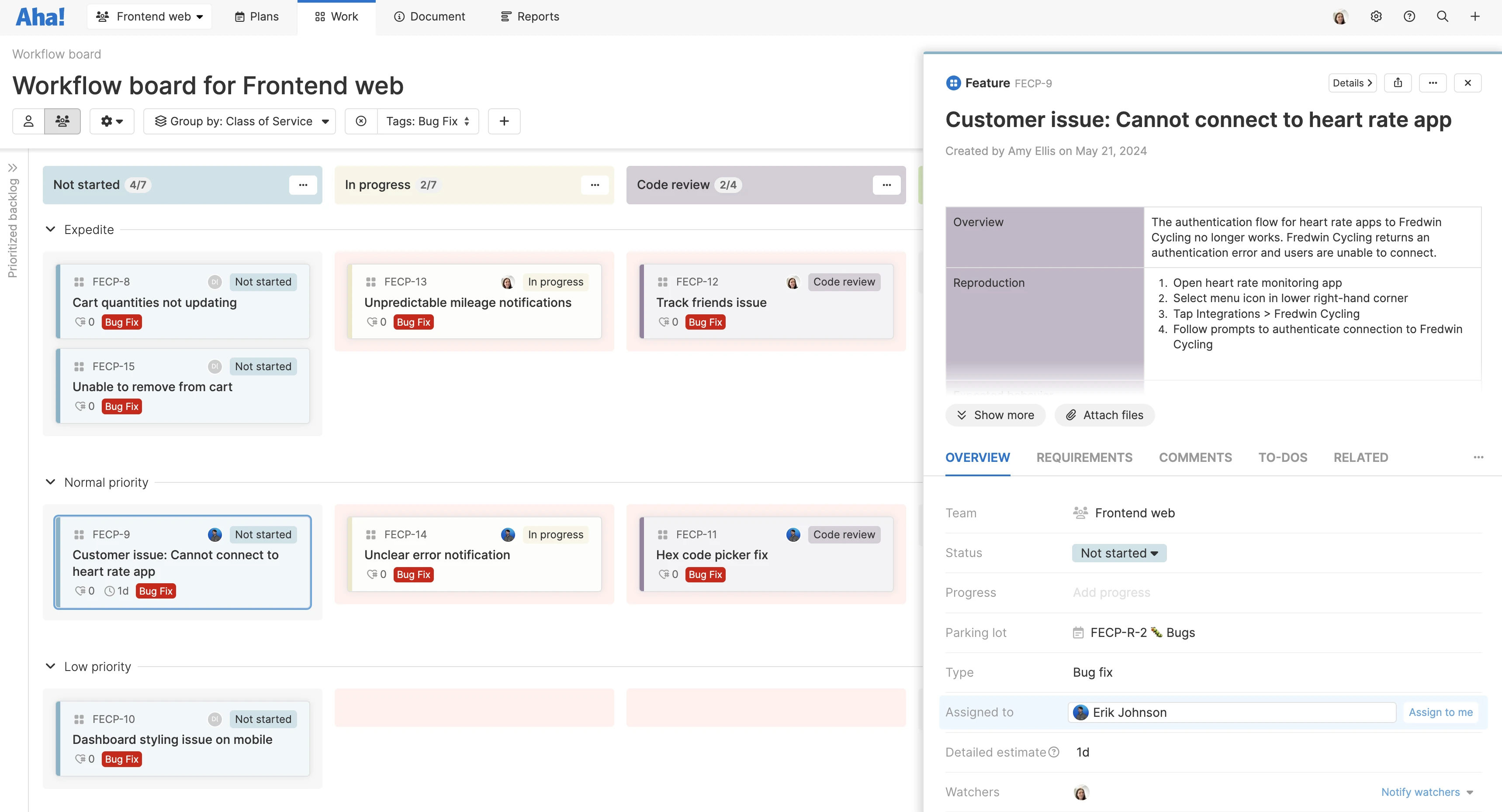 A kanban-style workflow board in Aha! Develop for a frontend web team