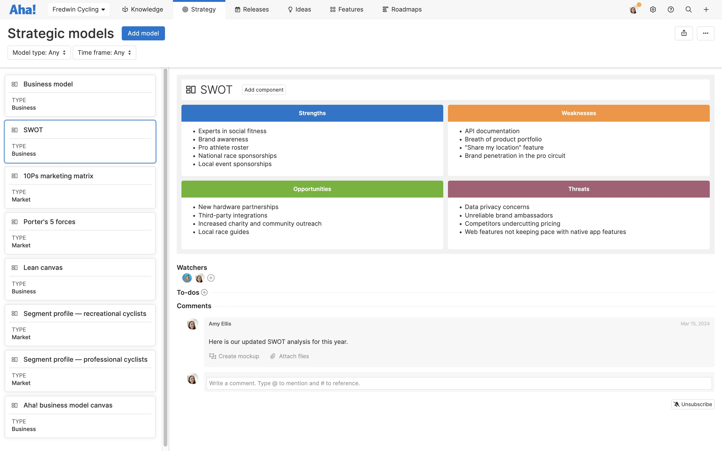 Aha! Roadmaps helps businesses map out their strategy directly within the software. This is an example of SWOT analysis completed in Aha!