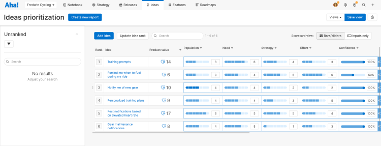 Updating product value scores on ideas from the prioritization view