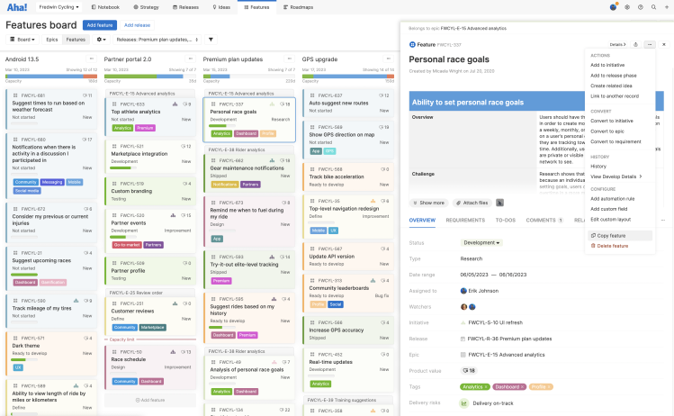 The features board with a feature drawer, selecting copy feature